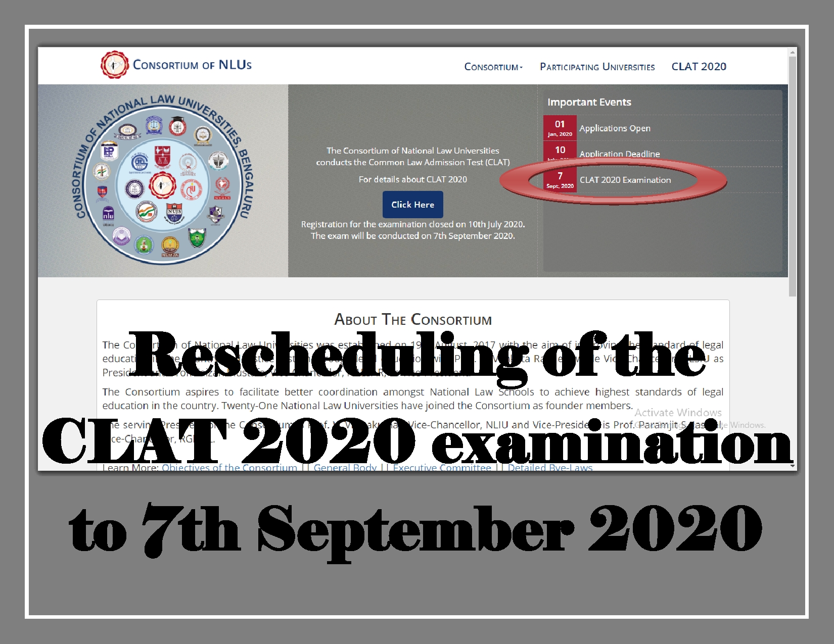 Rescheduling of the CLAT 2020 examination to 7th September 2020