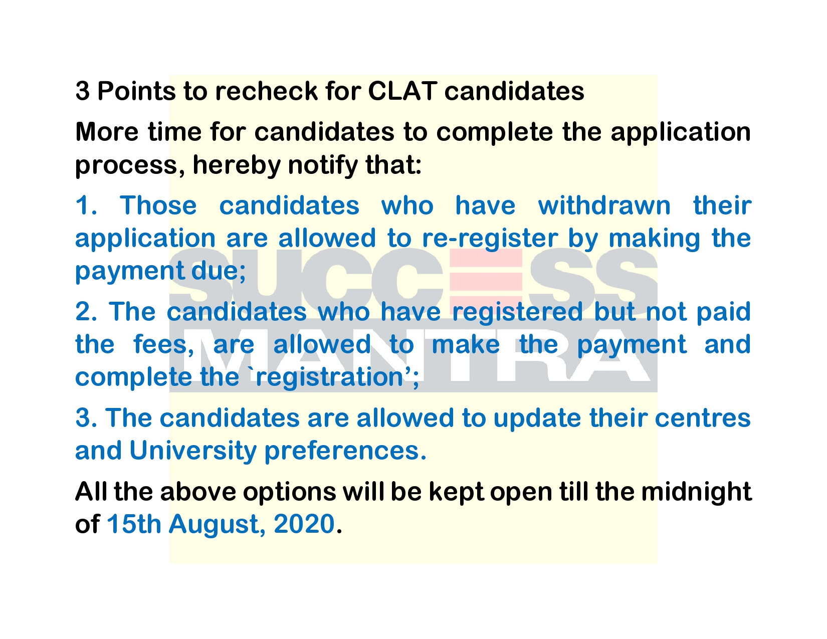 3 Points to recheck for CLAT candidates before 15th August 2020, Success Mantra GTB Nagar Coaching Institute For CLAT AILET DU LLB LAW